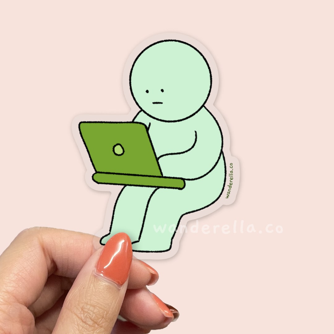 Blind Box Green Guy with Laptop sticker